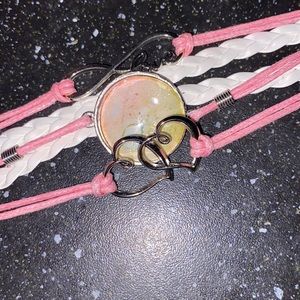 Faux Pink & White Leather Bracelet w Alcohol Ink Art Piece Under Domed Glass